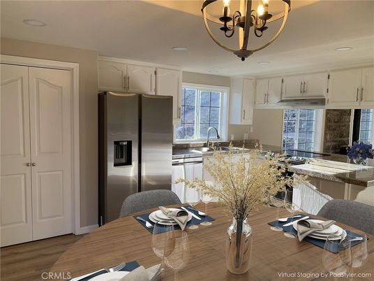 Chandelier, Interior, Kitchen, Recessed Lighting, Stainless Steel Appliances, Wood Texture Flooring