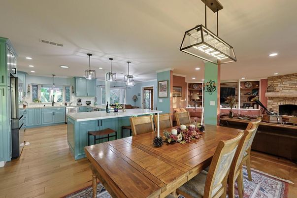 Dining room, Fireplace, Interior, Kitchen, Pendant Lights, Recessed Lighting, Stone Walls, Wood Texture Flooring