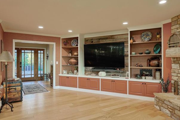Fireplace, Interior, Recessed Lighting, Wood Texture Flooring