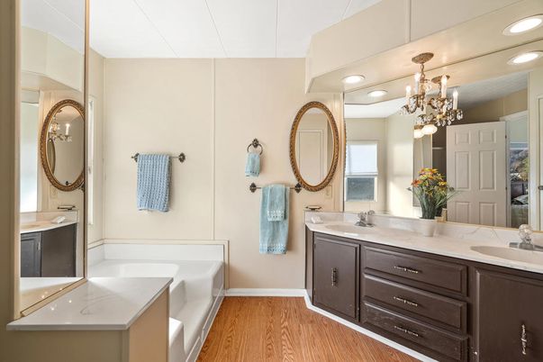 Bathroom, Chandelier, Dual Sink Vanities, Interior, Recessed Lighting, Wood Texture Flooring