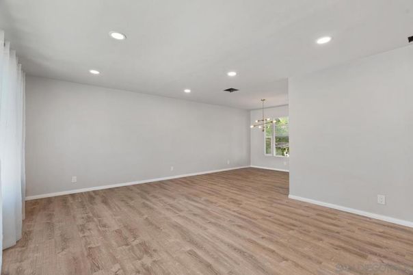 Empty room, Interior, Pendant Lights, Recessed Lighting, Wood Texture Flooring