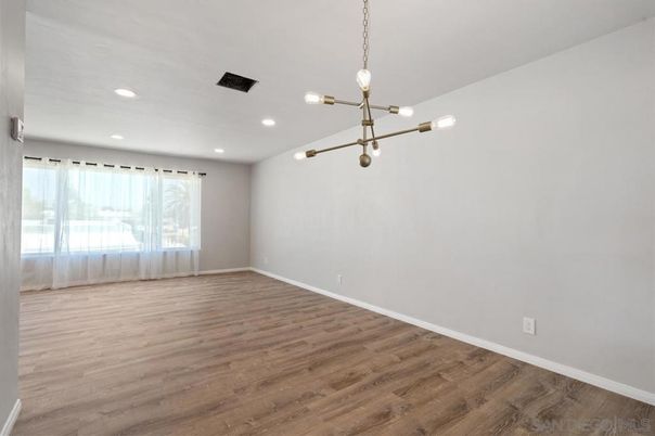 Empty room, Interior, Pendant Lights, Recessed Lighting, Wood Texture Flooring