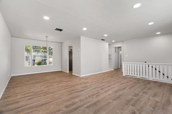 Empty room, Interior, Pendant Lights, Recessed Lighting, Wood Texture Flooring