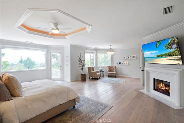 Bedroom, Chandelier, Dining room, Fireplace, Interior, Pendant Lights, Wood Texture Flooring