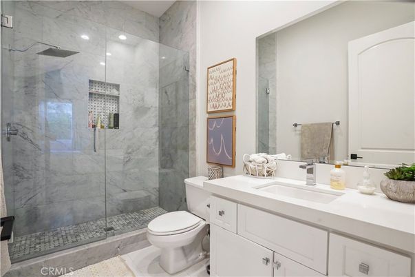 Bathroom, Glass Shower, Interior, Marble Walls, Recessed Lighting
