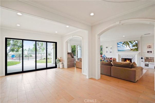 Fireplace, Interior, Living room, Recessed Lighting, Wood Texture Flooring