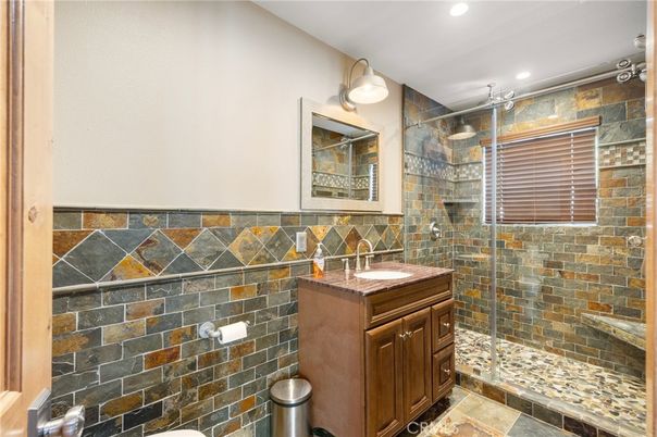 Bathroom, Glass Shower, Interior, Recessed Lighting, Stone Walls