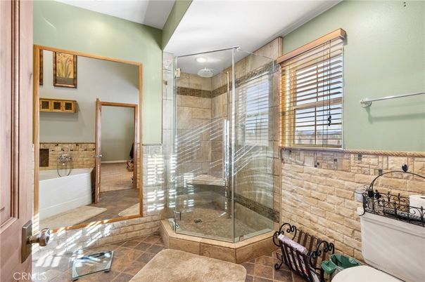 Bathroom, Glass Shower, Interior, Recessed Lighting, Stone Walls