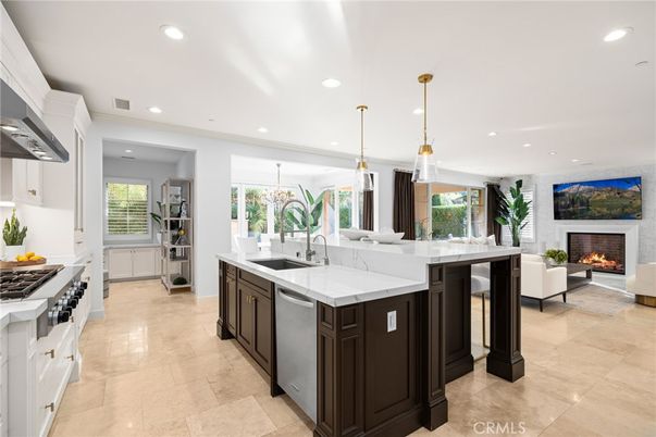 Dining room, Fireplace, Interior, Kitchen, Living room, Pendant Lights, Recessed Lighting, Stainless Steel Appliances