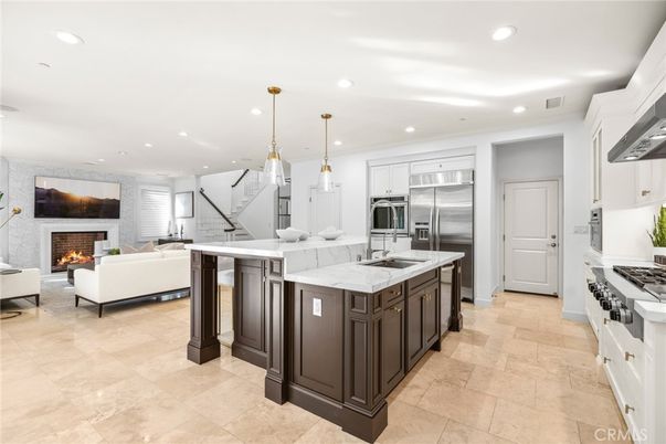 Fireplace, Interior, Kitchen, Living room, Pendant Lights, Recessed Lighting, Stainless Steel Appliances