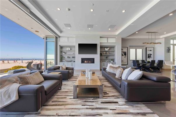 Dining room, Fireplace, Interior, Living room, Pendant Lights, Recessed Lighting, Wood Texture Flooring