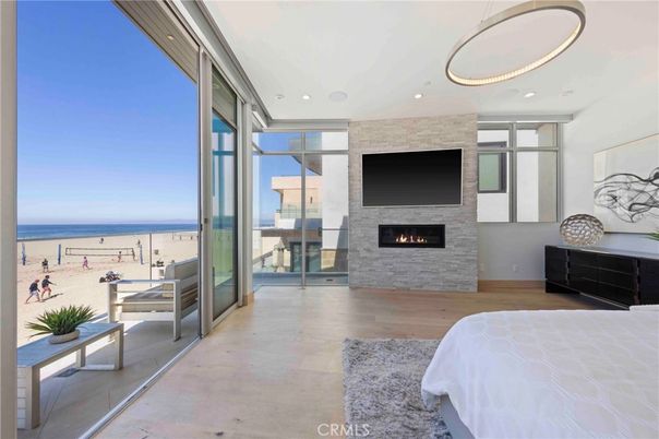 Bedroom, Fireplace, Interior, Recessed Lighting, Water, Wood Texture Flooring