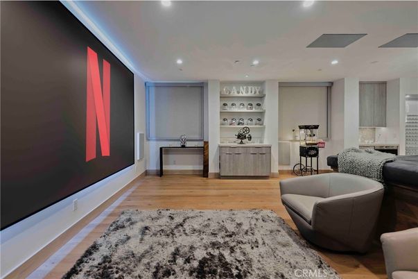 Interior, Projection Screen, Recessed Lighting, Wood Texture Flooring