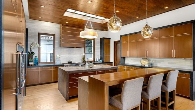 Interior, Kitchen, Pendant Lights, Recessed Lighting, Stainless Steel Appliances, Wooden Ceilings, Wood Texture Flooring