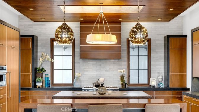 Interior, Kitchen, Pendant Lights, Recessed Lighting, Stainless Steel Appliances, Stone Walls, Wooden Ceilings