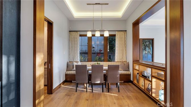 Dining room, Interior, Pendant Lights, Wood Texture Flooring