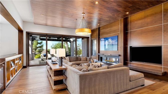 Fireplace, Interior, Living room, Pendant Lights, Recessed Lighting, Wooden Ceilings, Wood Texture Flooring, Wooden Walls