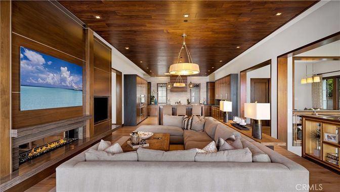 Fireplace, Interior, Kitchen, Living room, Pendant Lights, Recessed Lighting, Wooden Ceilings, Wood Texture Flooring