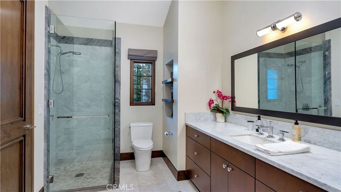 Bathroom, Dual Sink Vanities, Glass Shower, Interior, Marble Walls