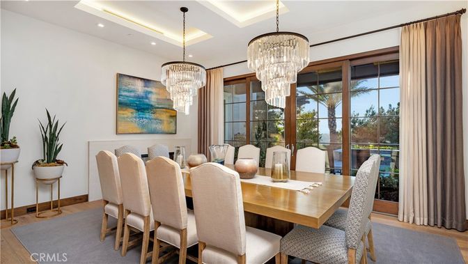 Chandelier, Dining room, Interior, Recessed Lighting, Wood Texture Flooring
