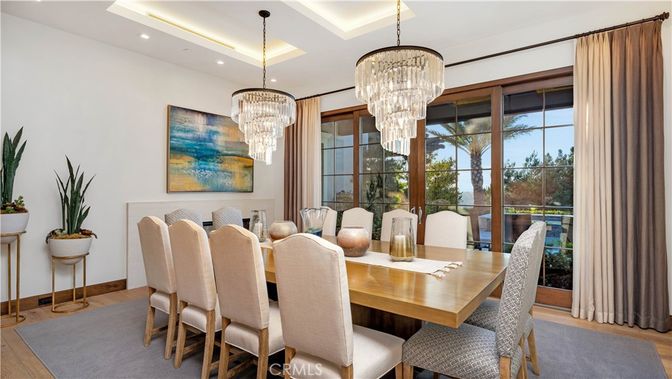 Chandelier, Dining room, Interior, Recessed Lighting, Wood Texture Flooring