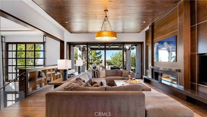 Fireplace, Interior, Living room, Pendant Lights, Recessed Lighting, Wooden Ceilings, Wood Texture Flooring, Wooden Walls