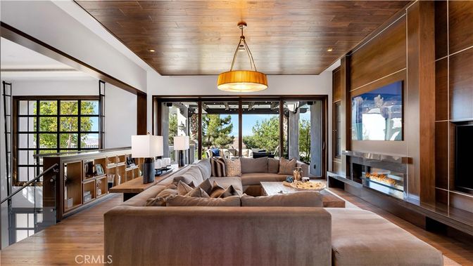 Fireplace, Interior, Living room, Pendant Lights, Recessed Lighting, Wooden Ceilings, Wood Texture Flooring