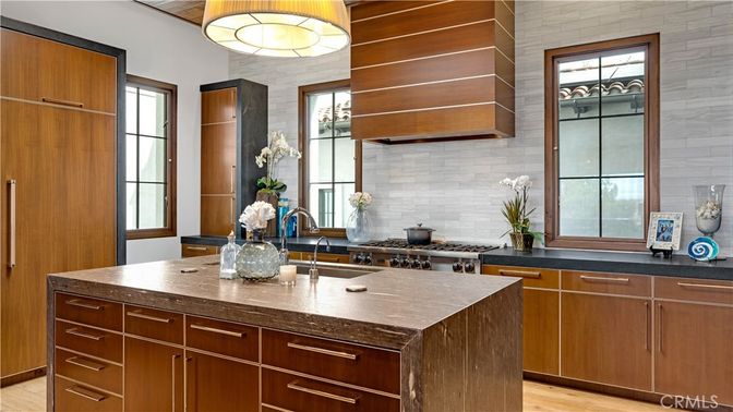 Interior, Kitchen, Pendant Lights, Stainless Steel Appliances, Stone Walls, Wood Texture Flooring
