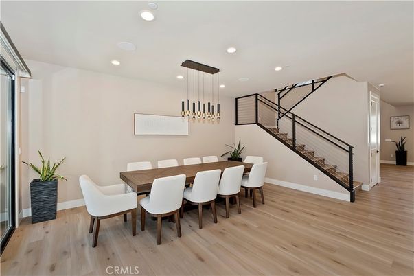 Dining room, Interior, Pendant Lights, Recessed Lighting, Wood Texture Flooring