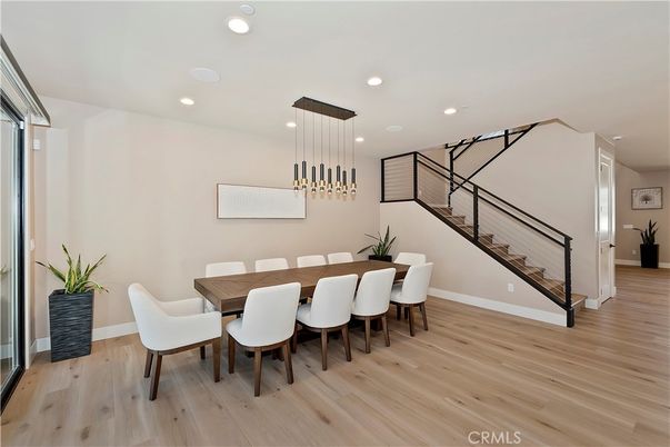 Dining room, Interior, Pendant Lights, Recessed Lighting, Wood Texture Flooring