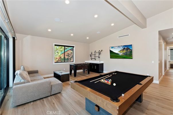 Billiard Table, Game Room, Interior, Recessed Lighting, Wood Texture Flooring