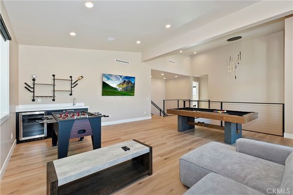 Billiard Table, Game Room, Interior, Pendant Lights, Recessed Lighting, Wood Texture Flooring