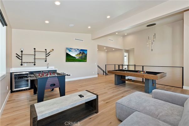 Billiard Table, Game Room, Interior, Pendant Lights, Recessed Lighting, Wood Texture Flooring