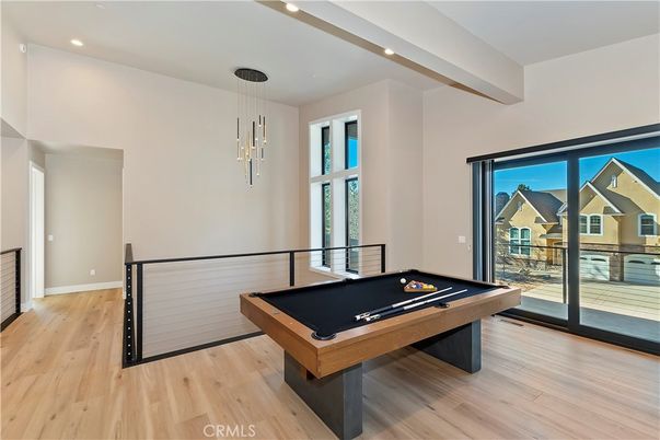 Billiard Table, Game Room, Interior, Pendant Lights, Recessed Lighting, Wood Texture Flooring