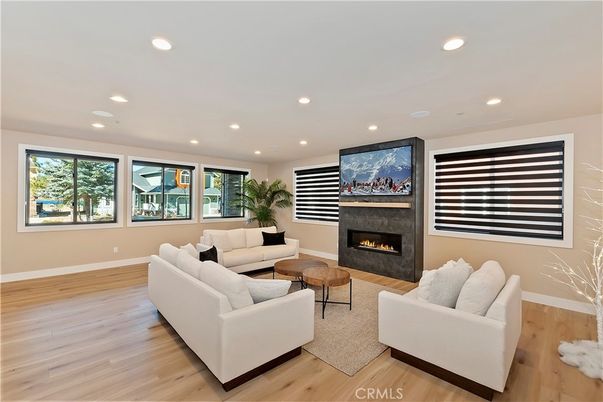 Fireplace, Interior, Living room, Recessed Lighting, Wood Texture Flooring