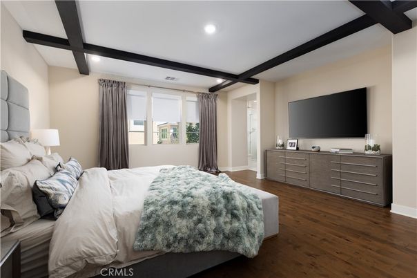 Bedroom, Interior, Recessed Lighting, Wooden Beams, Wood Texture Flooring