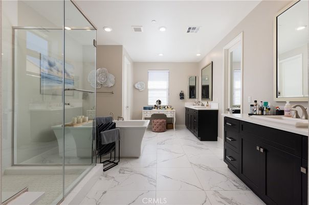 Bathroom, Dual Sink Vanities, Free Standing Baths, Glass Shower, Interior, Marble, Recessed Lighting