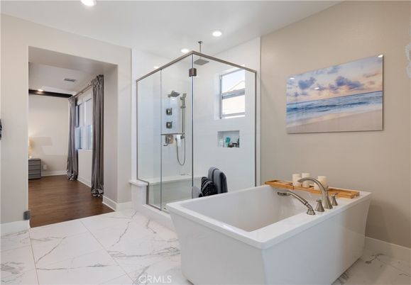 Bathroom, Free Standing Baths, Glass Shower, Interior, Marble, Recessed Lighting, Wood Texture Flooring