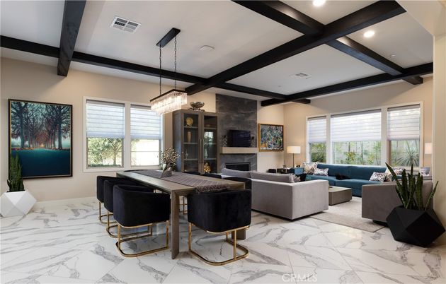 Chandelier, Fireplace, Interior, Living room, Marble, Pendant Lights, Recessed Lighting, Wooden Beams