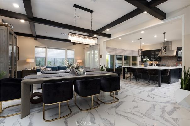 Chandelier, Dining room, Interior, Kitchen, Living room, Marble, Pendant Lights, Recessed Lighting, Stainless Steel Appliances, Wooden Beams