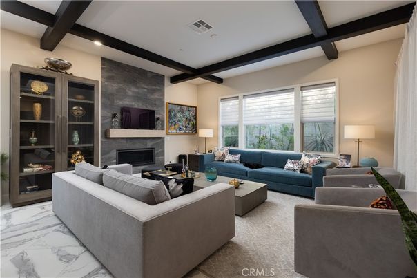 Fireplace, Interior, Living room, Marble, Recessed Lighting, Wooden Beams