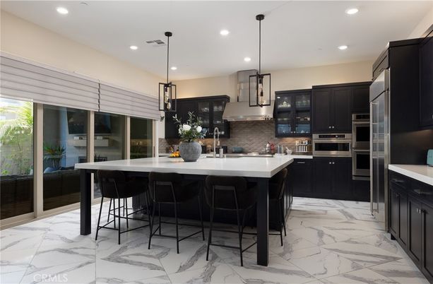 Interior, Kitchen, Marble, Pendant Lights, Recessed Lighting, Stainless Steel Appliances