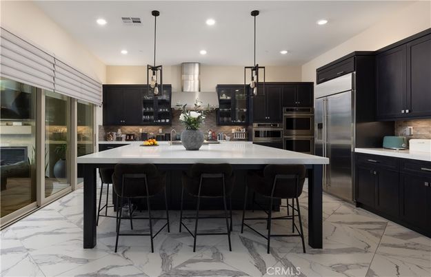 Interior, Kitchen, Marble, Pendant Lights, Recessed Lighting, Stainless Steel Appliances