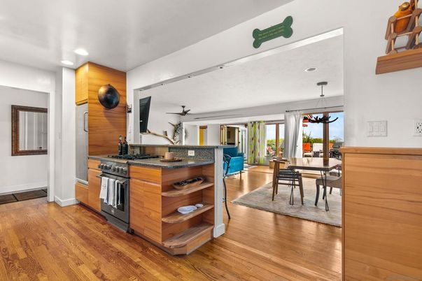 Dining room, Interior, Pendant Lights, Recessed Lighting, Wood Texture Flooring