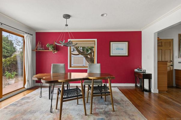 Dining room, Interior, Pendant Lights, Recessed Lighting, Wood Texture Flooring