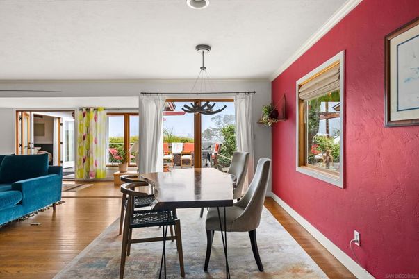 Dining room, Interior, Pendant Lights, Recessed Lighting, Wood Texture Flooring