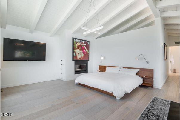 Bedroom, Fireplace, Interior, Pendant Lights, Wood Texture Flooring