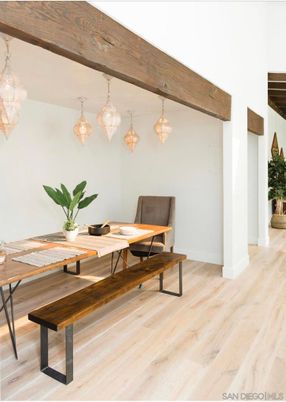 Dining room, Interior, Pendant Lights, Wood Texture Flooring