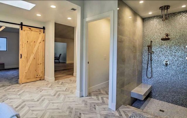 Bathroom, Glass Shower, Interior, Recessed Lighting, Wood Texture Flooring