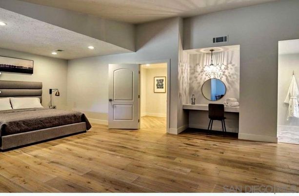 Bedroom, Interior, Pendant Lights, Recessed Lighting, Wood Texture Flooring